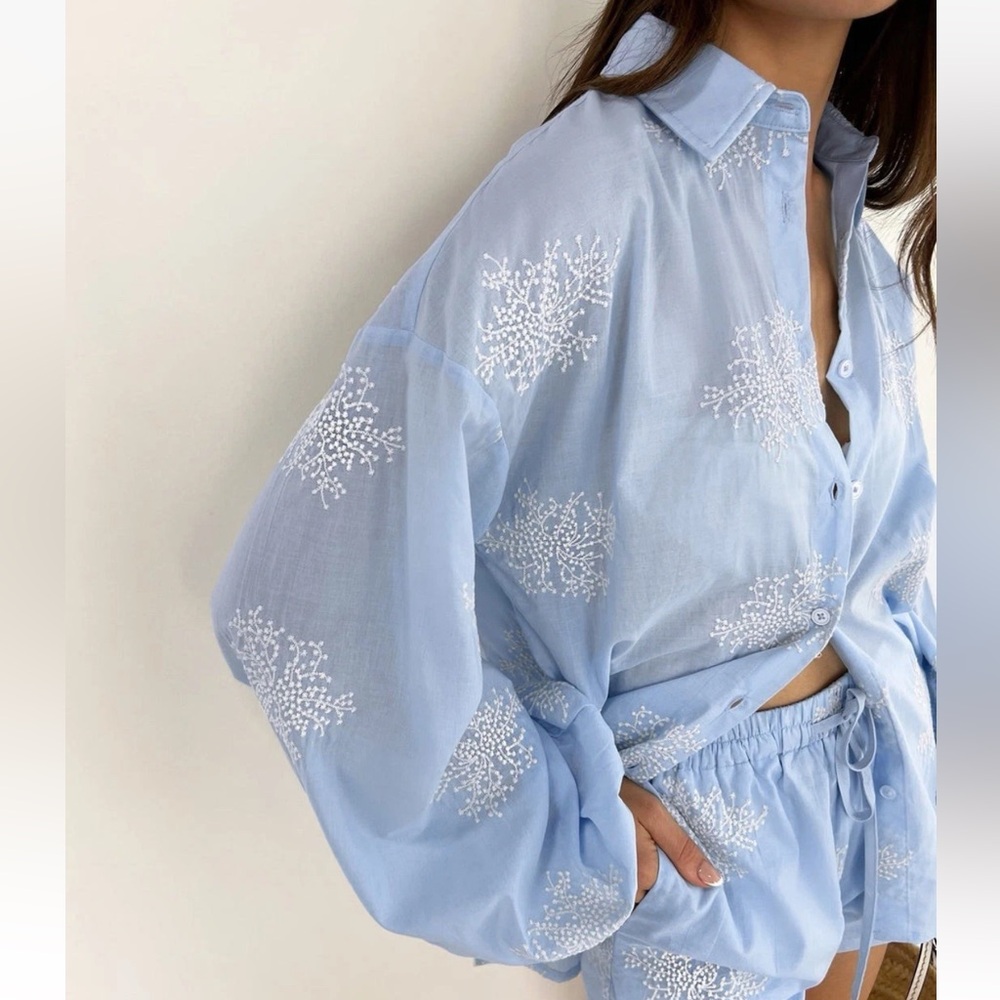 Commense M Semi-Sheer Plant Embroidery Casual Shorts Set Blue cc4 - Picture 5 of 8